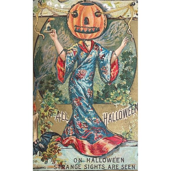 Halloween Strange Sight Pumpkin Head Dancing Woman Kimono UNP DB Postcard Unused - Picture 1 of 12